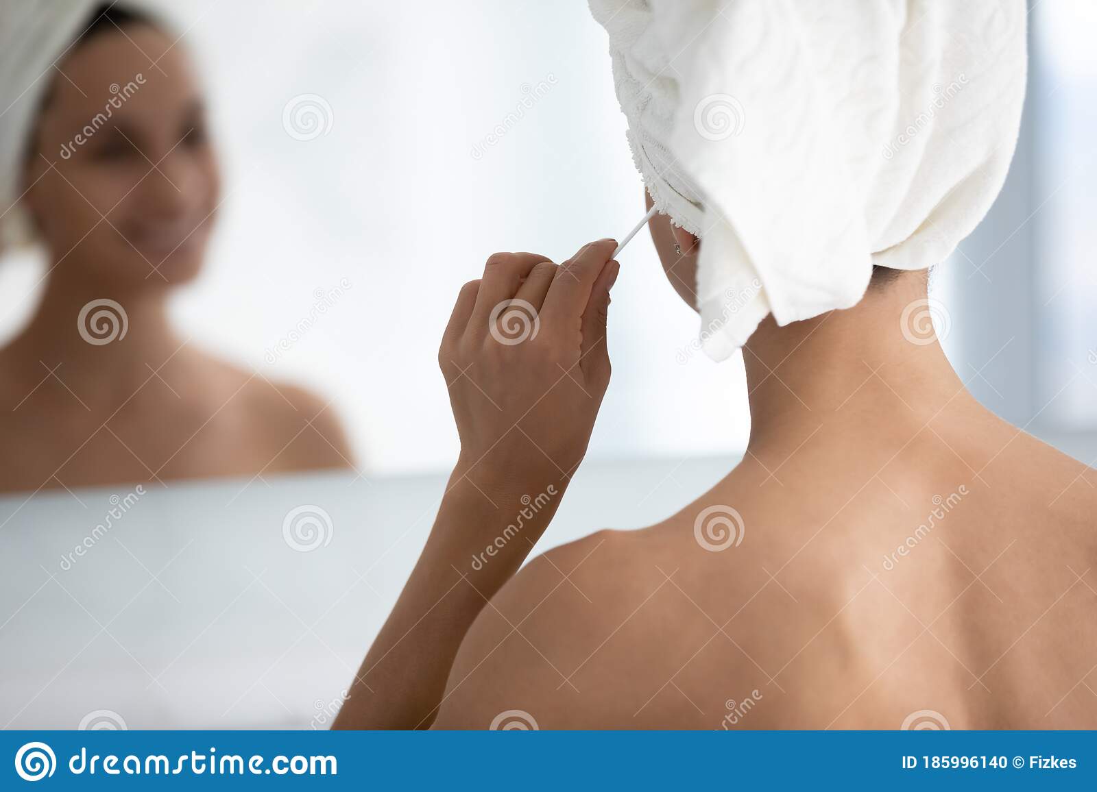 Close Up Woman Cleaning Ears, Using Cotton Bud After Shower Stock Photo ...