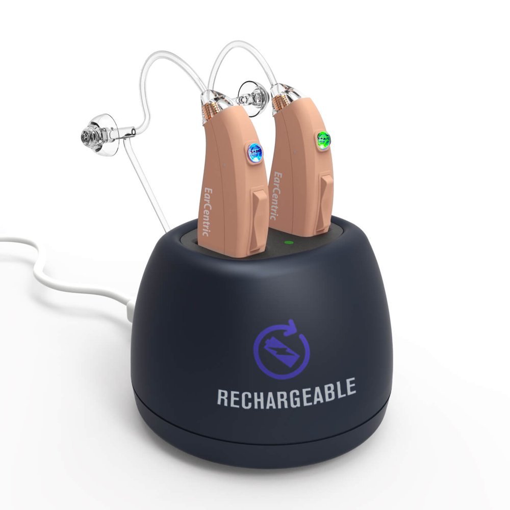 EarCentric EasyCharge Rechargeable Hearing Aid with charing base